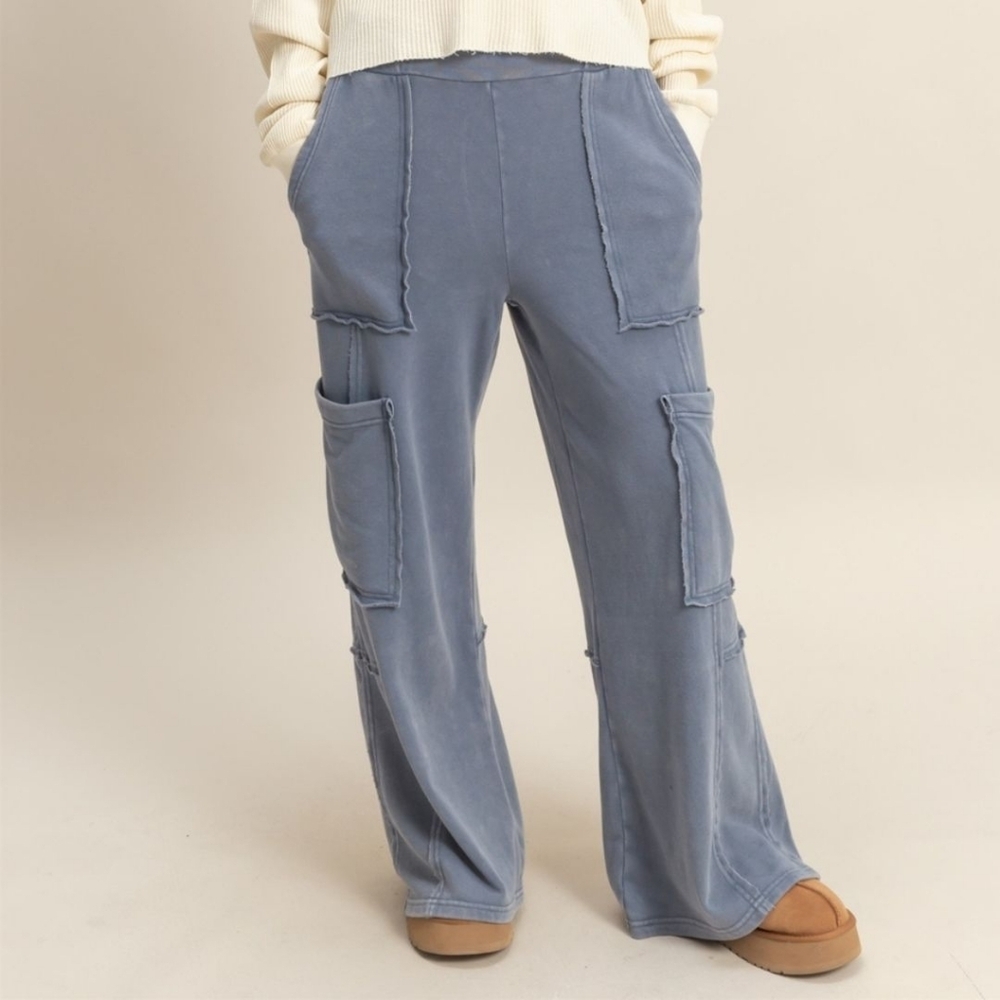 CloudDweller Slate Mineral Washed Cotton Cozy Butter Soft Wide Leg Cargo - Picture 4 of 6